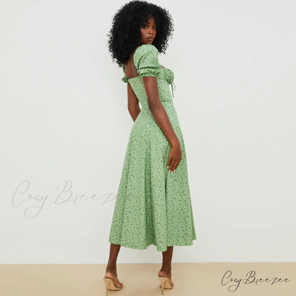 Daisy Printed Puff Sleeve High Slit Sophisticated Smock Maxi Sundress - Dark Yellow XL / Green