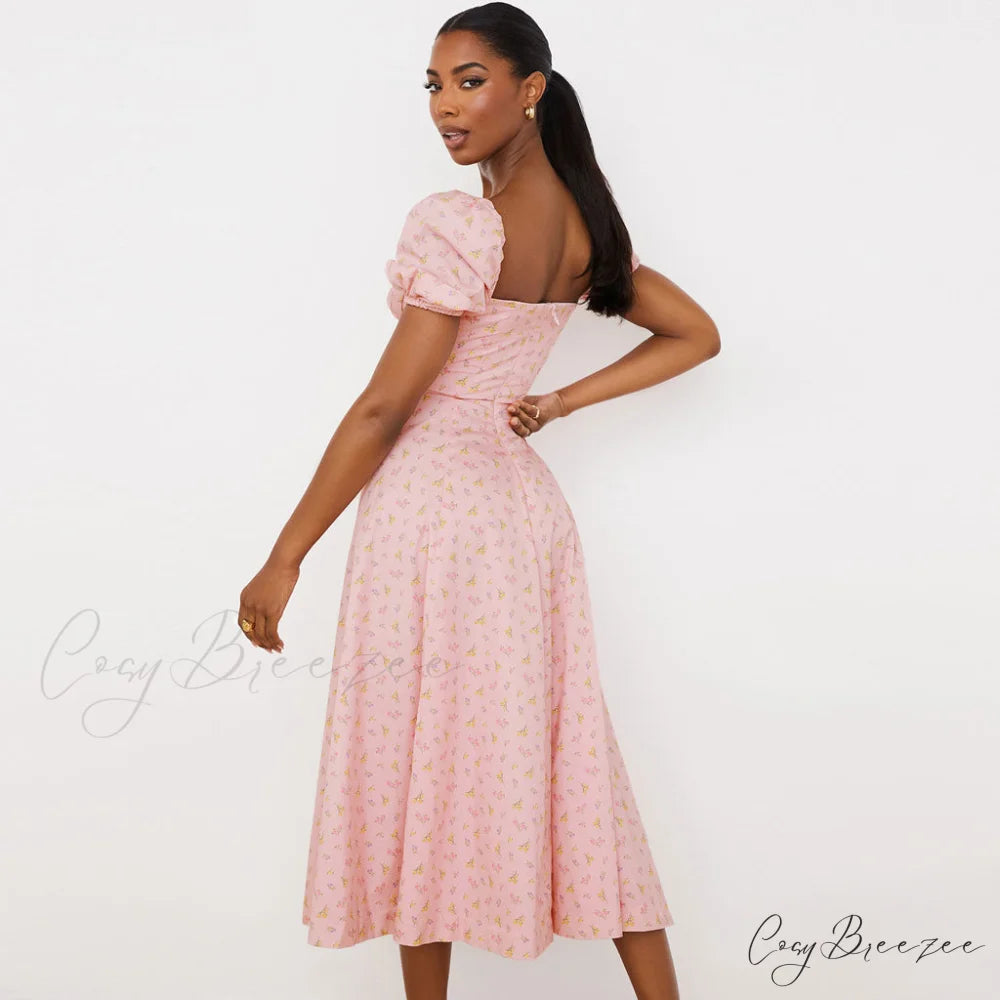 Daisy Printed Puff Sleeve High Slit Sophisticated Smock Maxi Sundress - Light Blue L / Pink