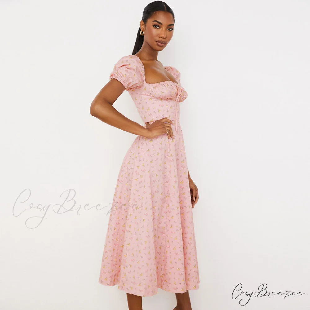 Daisy Printed Puff Sleeve High Slit Sophisticated Smock Maxi Sundress - Light Blue M / Pink
