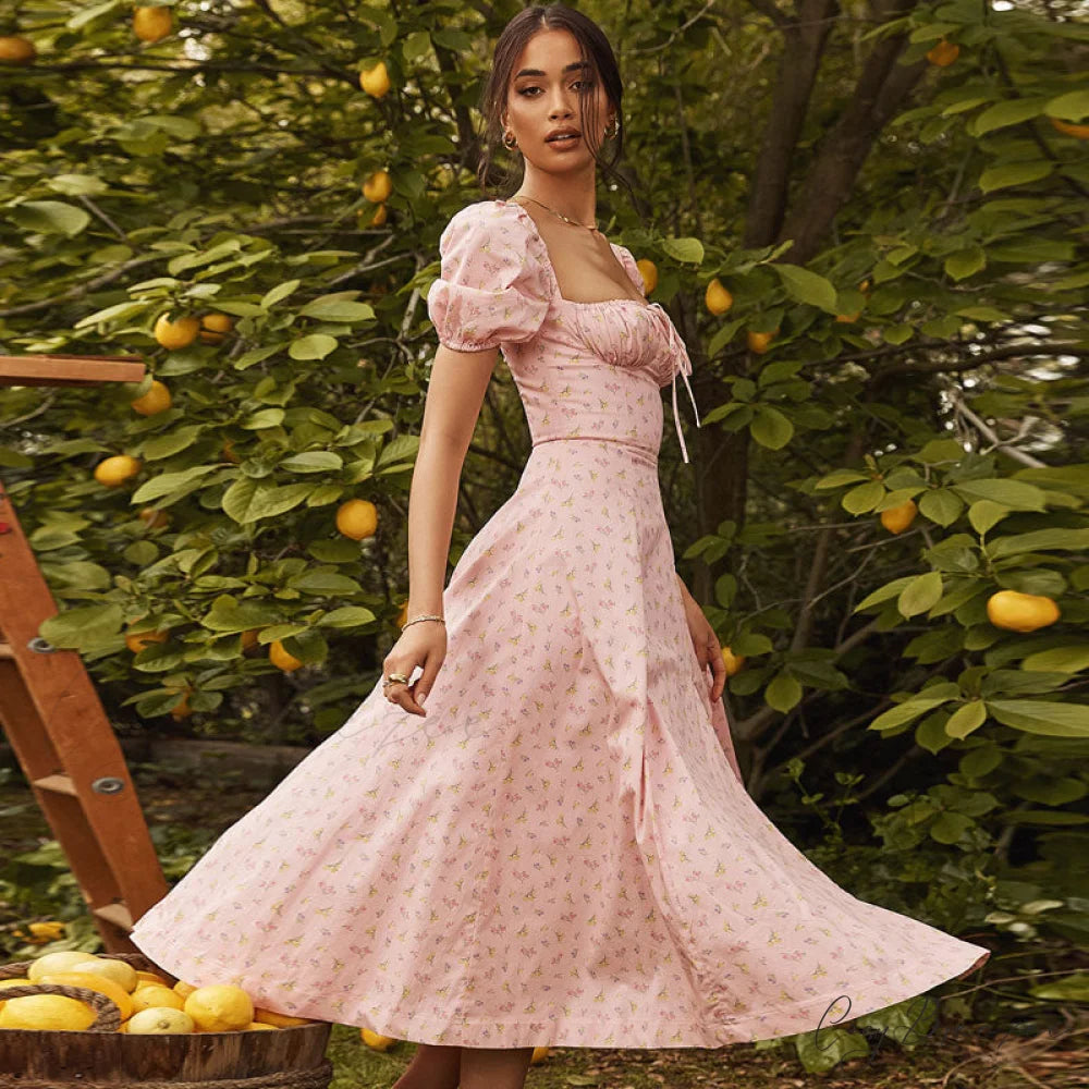 Daisy Printed Puff Sleeve High Slit Sophisticated Smock Maxi Sundress - Light Blue XL / Pink