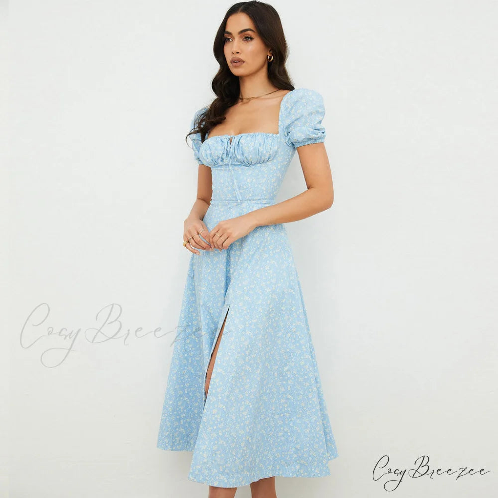Daisy Printed Puff Sleeve High Slit Sophisticated Smock Maxi Sundress - Sage Green M / Sky Blue