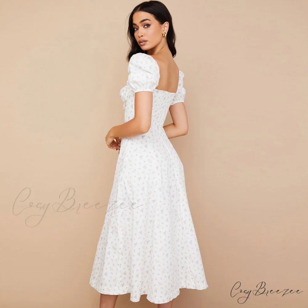Daisy Printed Puff Sleeve High Slit Sophisticated Smock Maxi Sundress - Sky Blue L / White