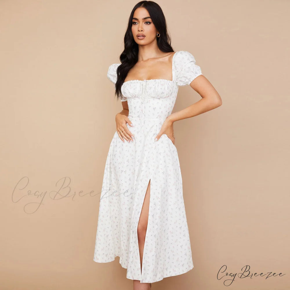 Daisy Printed Puff Sleeve High Slit Sophisticated Smock Maxi Sundress - Sky Blue M / White