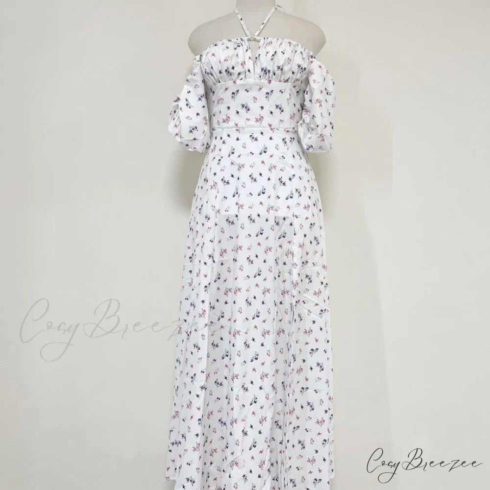 Daisy Printed Puff Sleeve High Slit Sophisticated Smock Maxi Sundress - Sky Blue XL / White