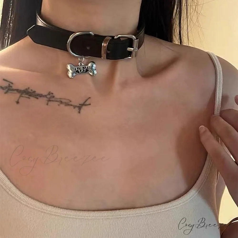 Dark Aesthetic Sexy Dog Bone Choker Necklace BLACK