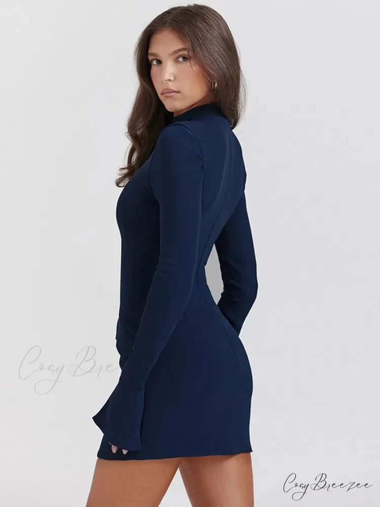Dark Blue Long Charming Sleeve Bodycon Mini Dress