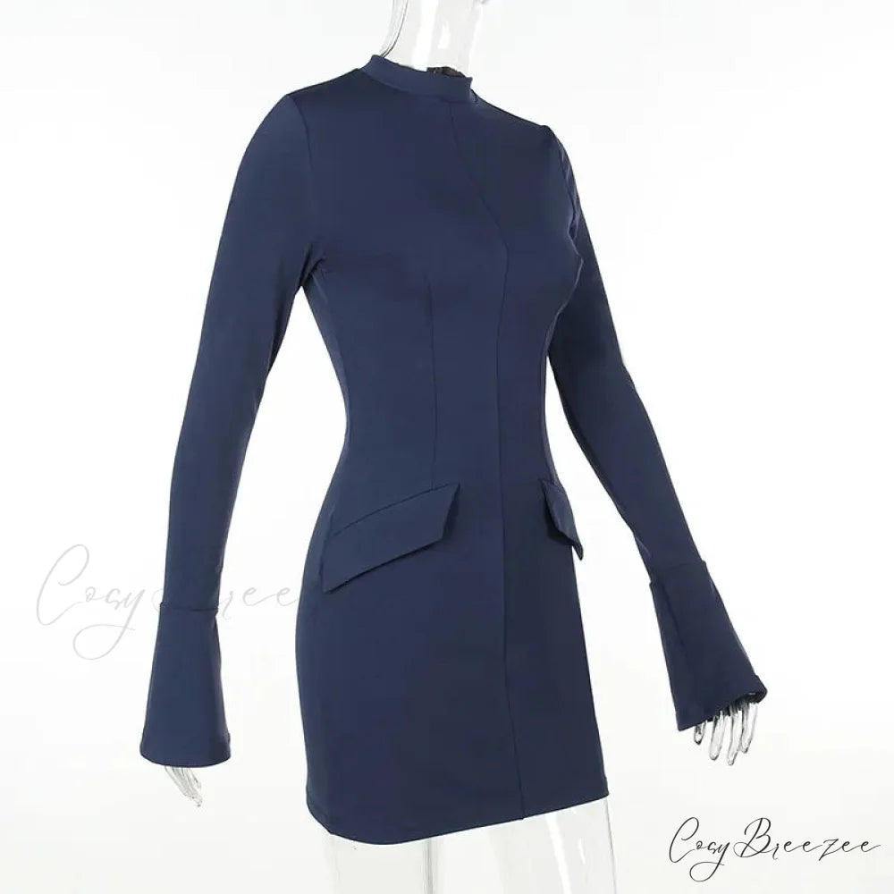 Dark Blue Long Charming Sleeve Bodycon Mini Dress