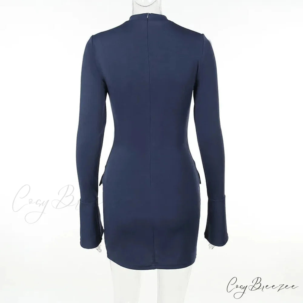 Dark Blue Long Charming Sleeve Bodycon Mini Dress