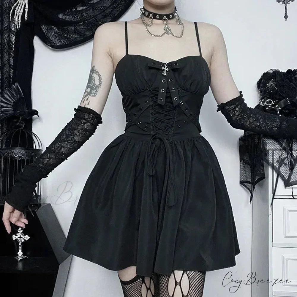Dark Gothic Spaghetti Strap Elegant Grunge Ruched Bandage Punk Steampunk Dress