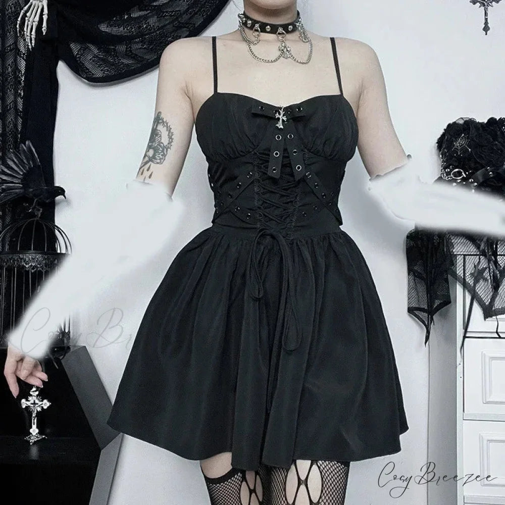 Dark Gothic Spaghetti Strap Elegant Grunge Ruched Bandage Punk Steampunk Dress Black Dress / S