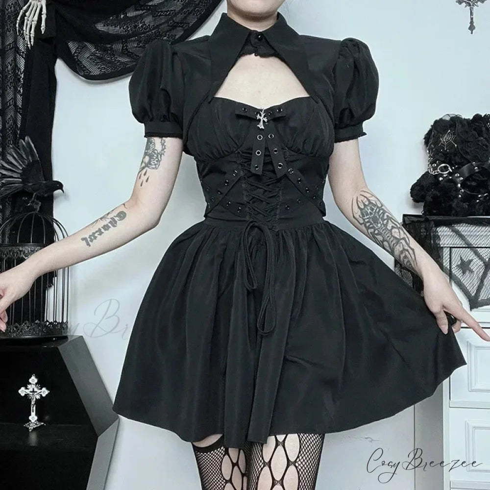 Dark Gothic Spaghetti Strap Elegant Grunge Ruched Bandage Punk Steampunk Dress Black Dress Top Set / S