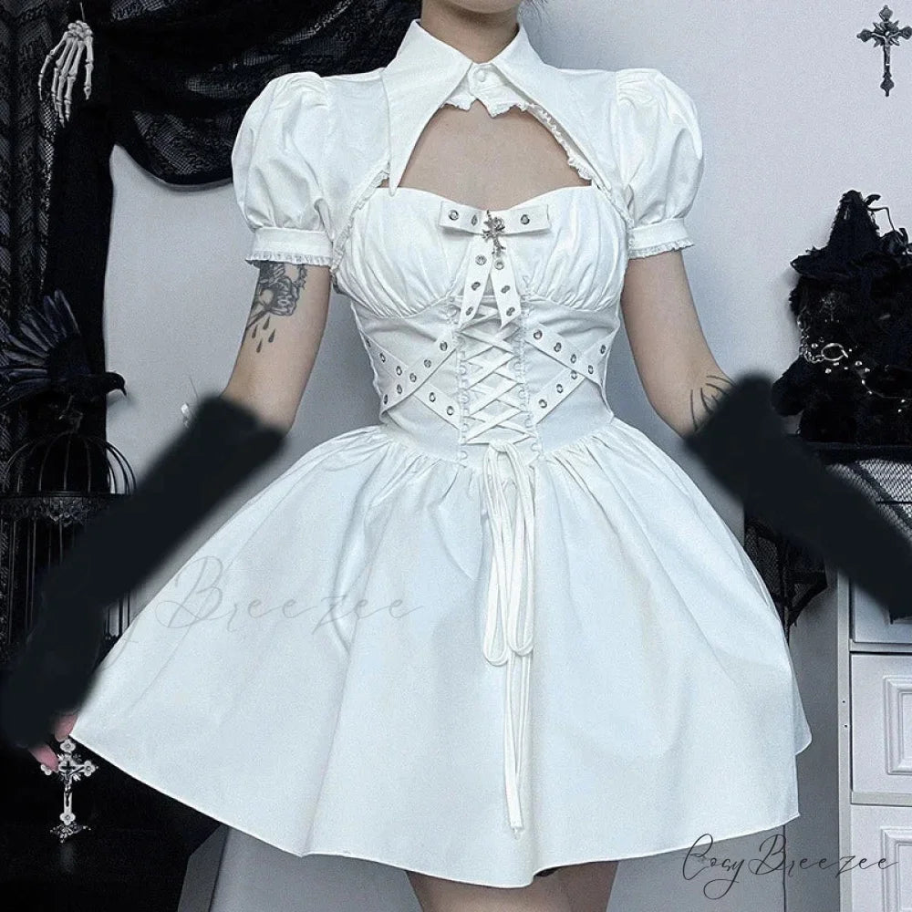 Dark Gothic Spaghetti Strap Elegant Grunge Ruched Bandage Punk Steampunk Dress White Dress Top Set / S