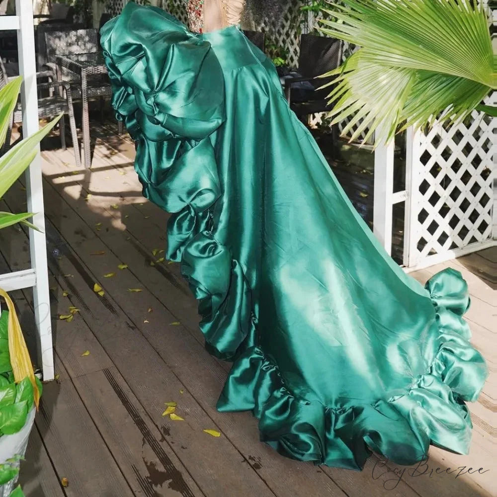 Dark Green High Low Skirt Ruffles Big Flowers Formal Wear skirt-250126