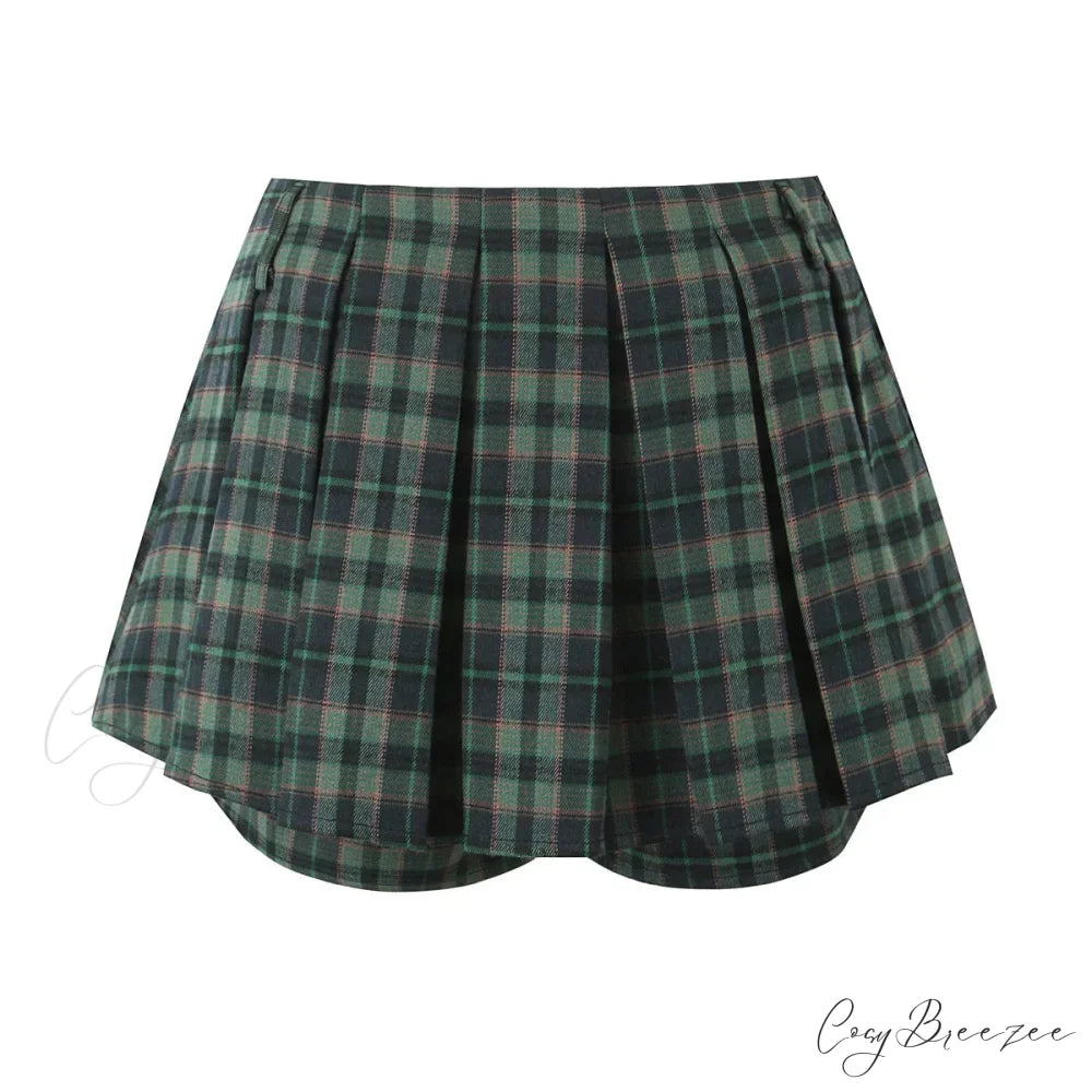 Dark Green Stylish Plaid Pleated Skort