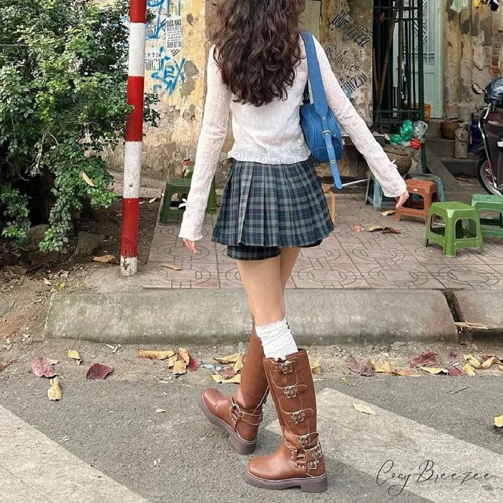 Dark Green Stylish Plaid Pleated Skort