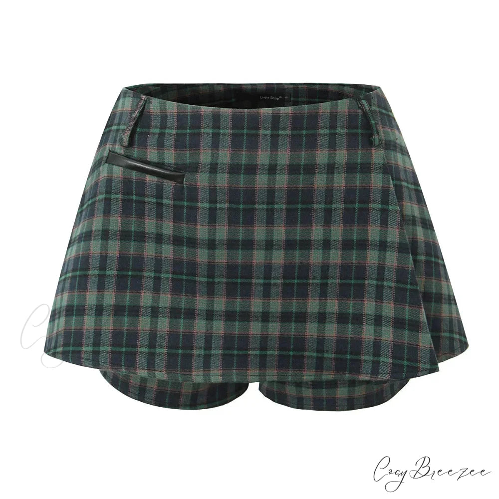Dark Green Stylish Plaid Pleated Skort