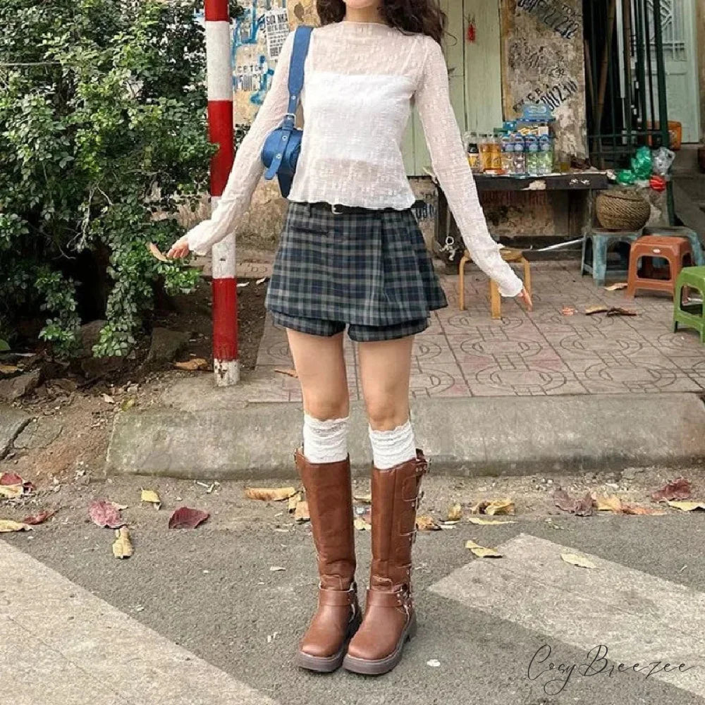 Dark Green Stylish Plaid Pleated Skort