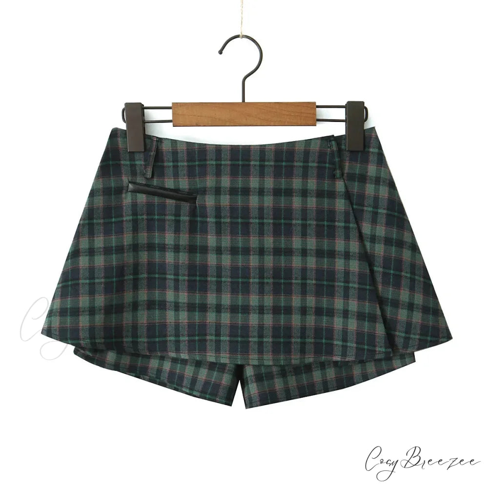 Dark Green Stylish Plaid Pleated Skort Dark Green / S