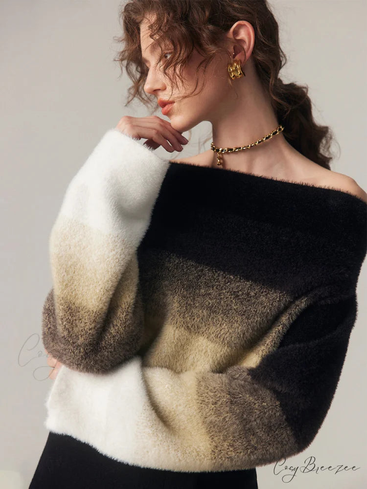 Dawn Ombre Fuzzy Trendy Off Shoulder Crop Sweater Brown / XS