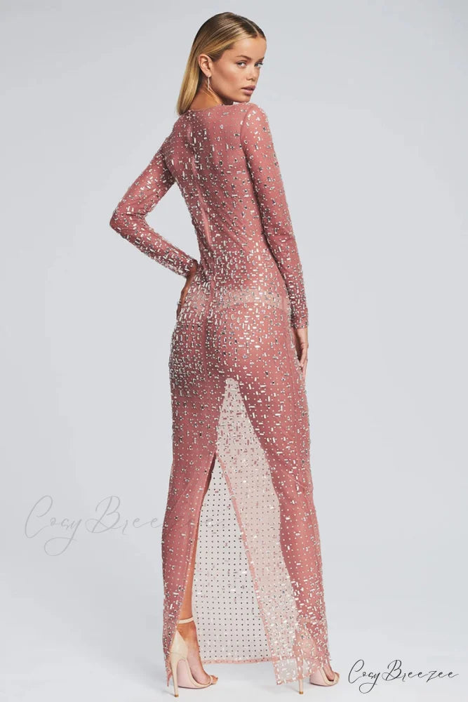 Dazzled Up Crystal Trendy Embellished Sheer Maxi Dress