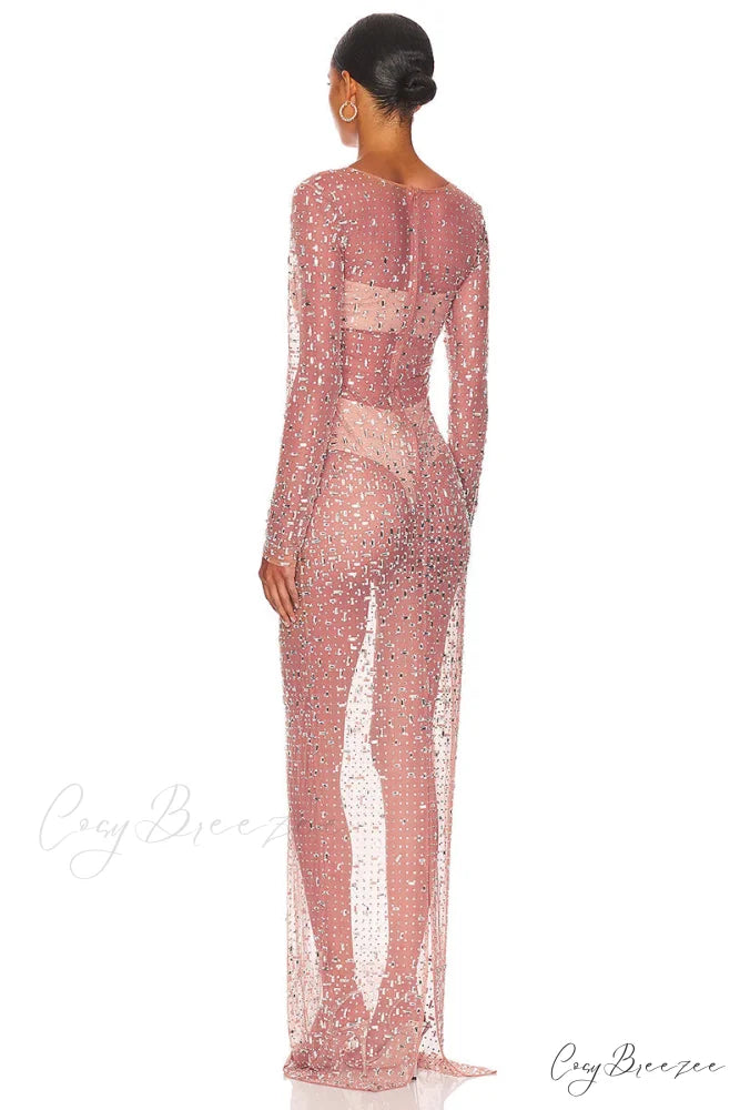 Dazzled Up Crystal Trendy Embellished Sheer Maxi Dress
