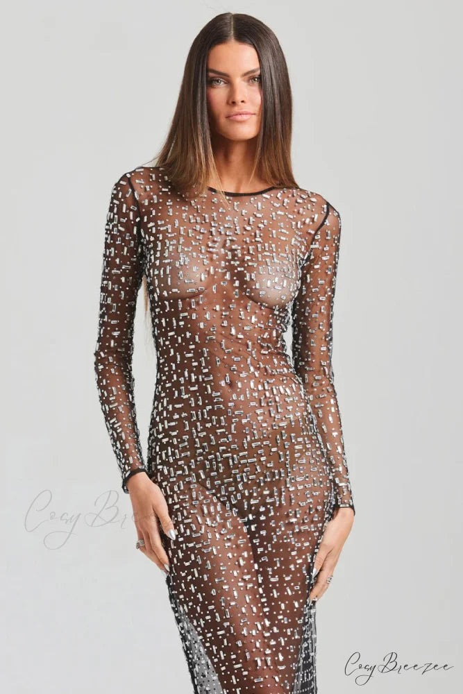 Dazzled Up Crystal Trendy Embellished Sheer Maxi Dress