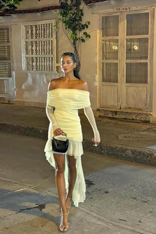 Fall New Slim-Fit Pleated Off-Shoulder Party Dress