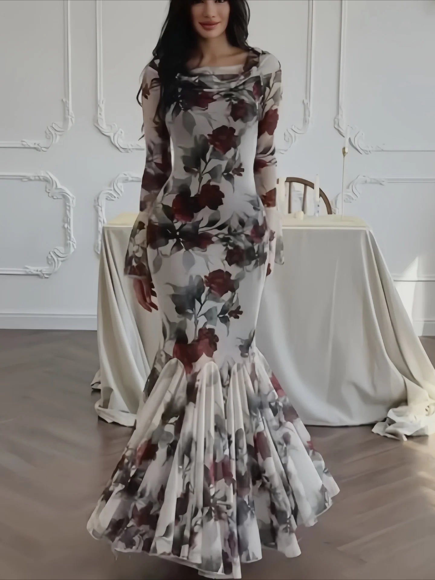 Floral Print Long Sleeve Romantic Party Dress