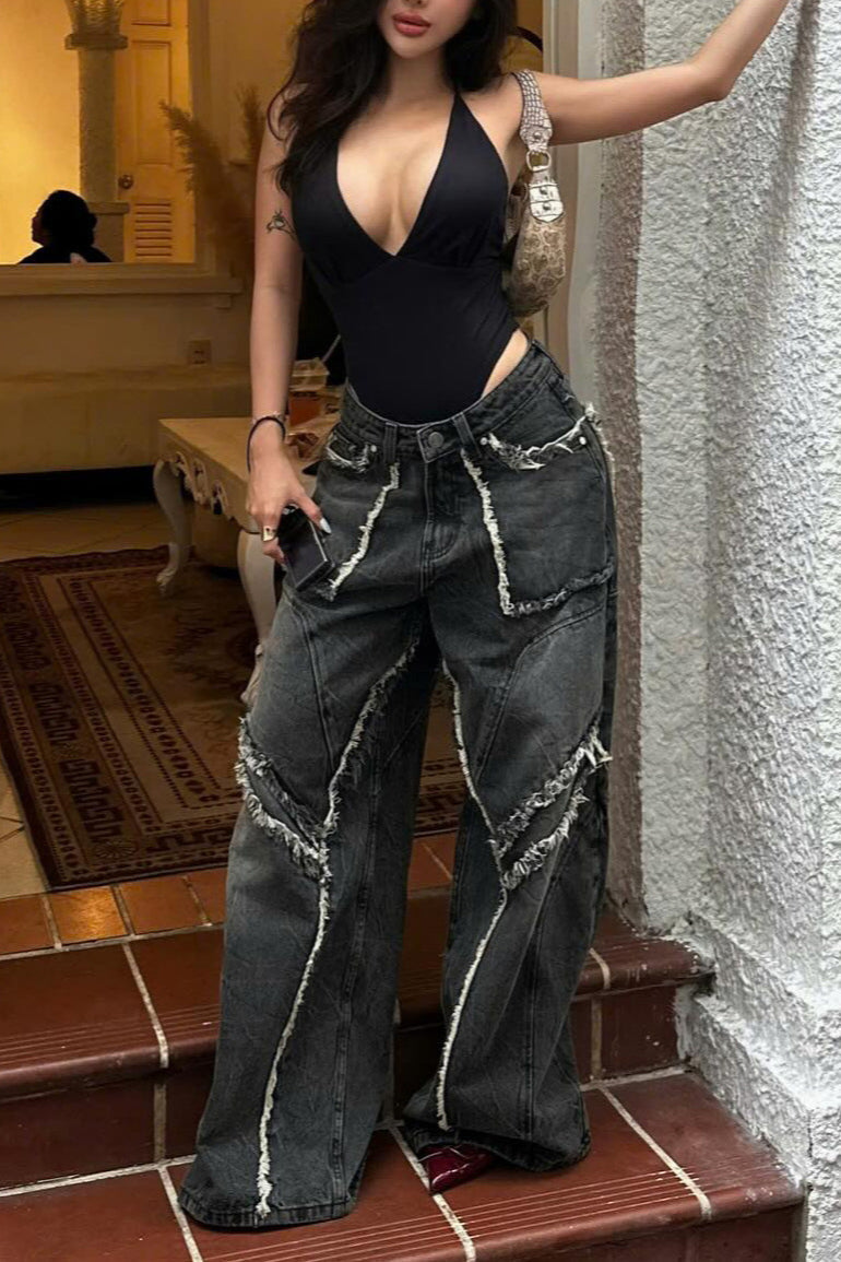 High Waist Distressed Brushed Jean