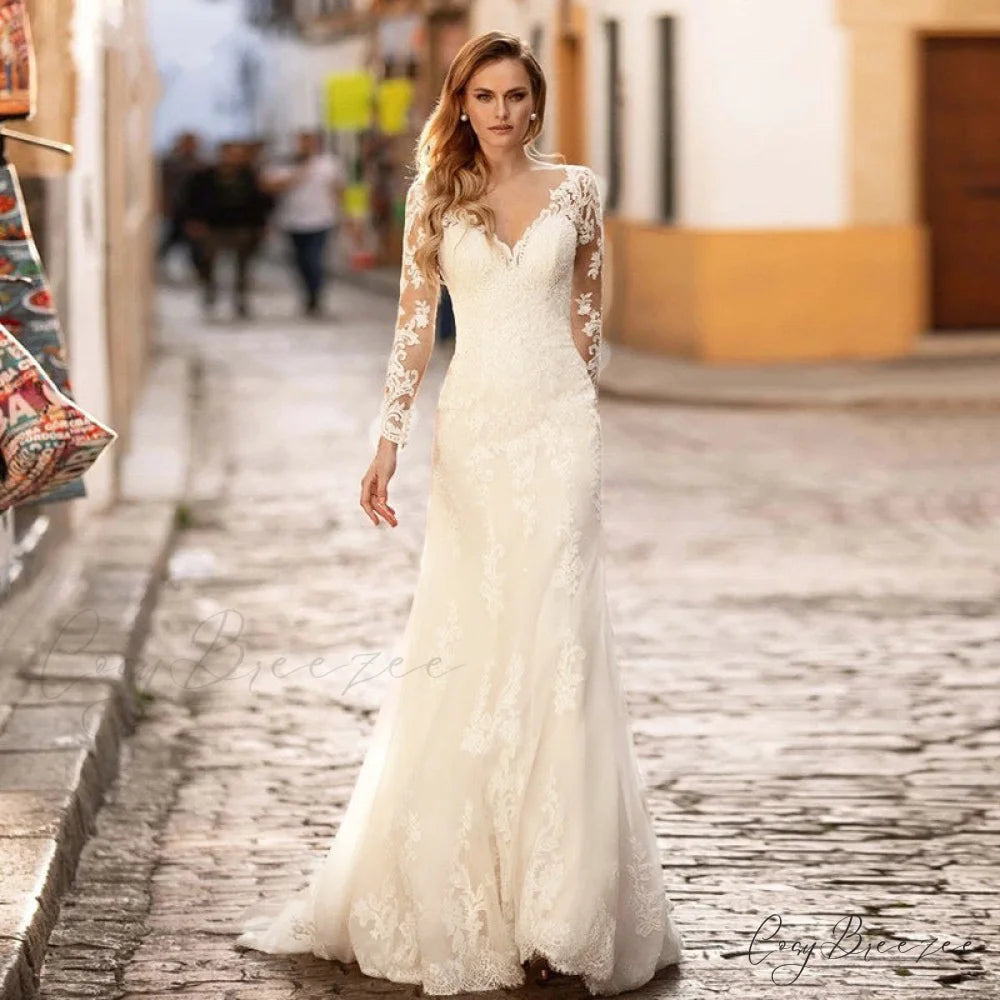 Deep V-Neck Backless Sheer Wedding Dress lvory white / 2 weddingdress-250223