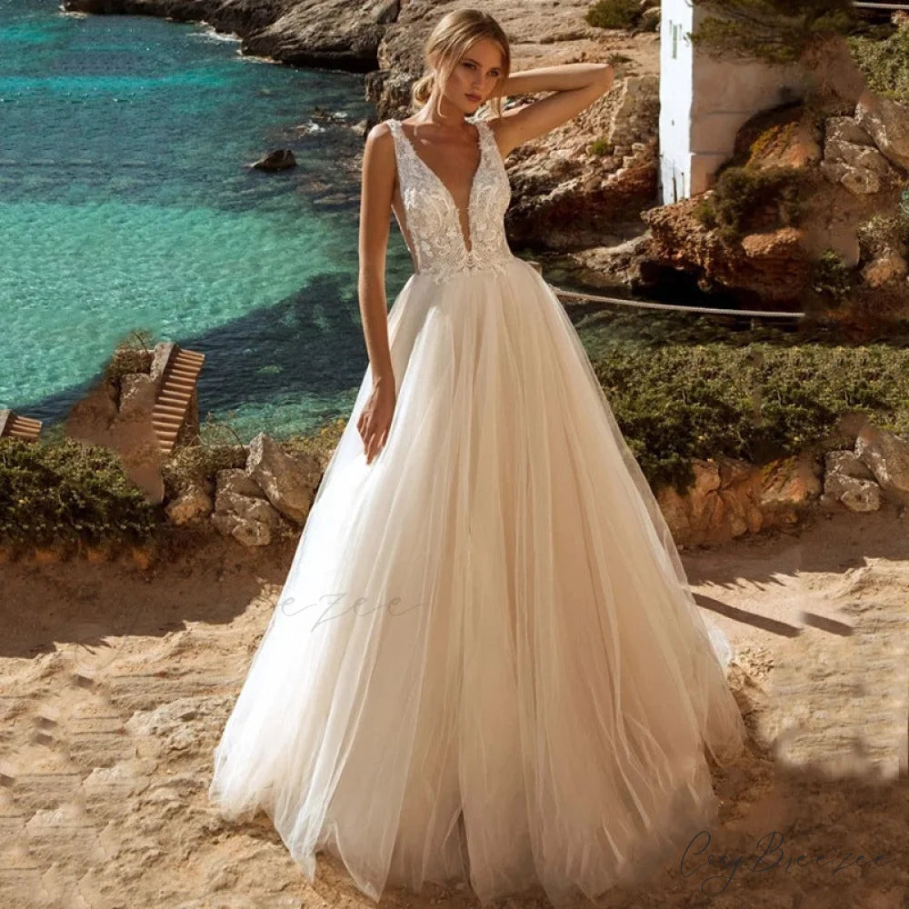Deep V-Neck Backless Sheer Wedding Dress White / 2 weddingdress-250223