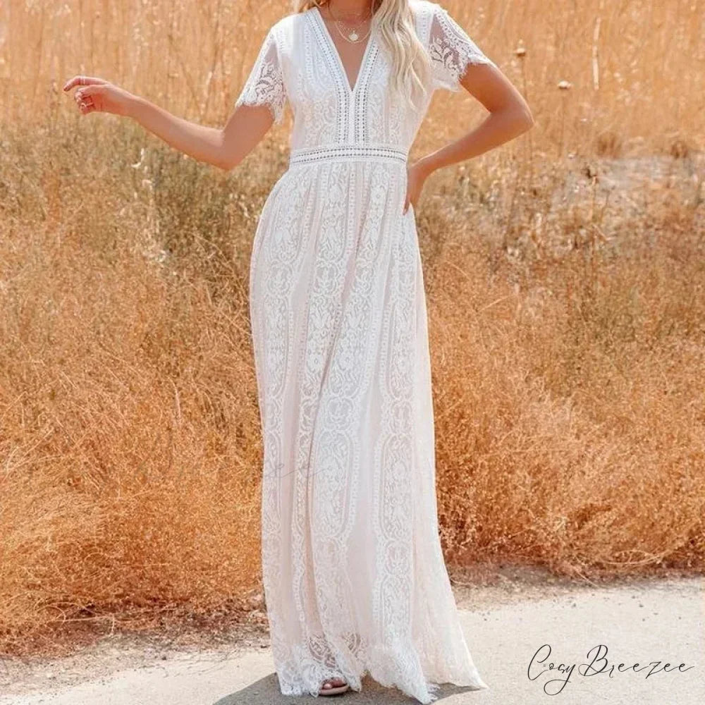 Deep V-neck Lace Hollow Out Vintage White Boho Dress bohodress-250126