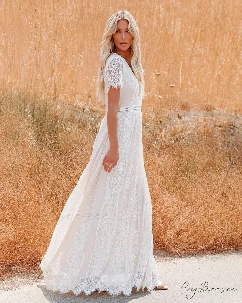 Deep V-neck Lace Hollow Out Vintage White Boho Dress bohodress-250126