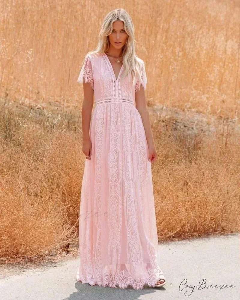 Deep V-neck Lace Hollow Out Vintage White Boho Dress bohodress-250126