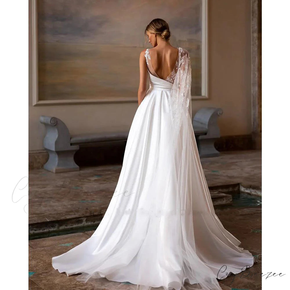 Deep V-Neck Lengthy Train Marriage Dress weddingdress-250223