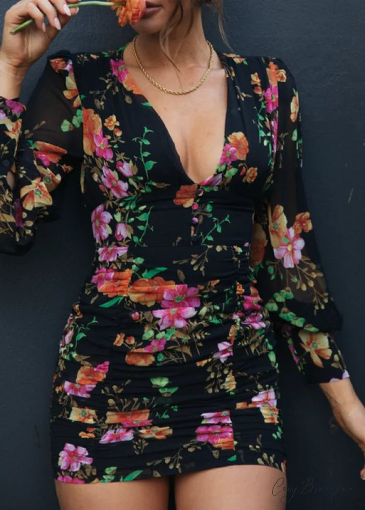 Deep V-neck Long Sleeve High Waist Mini Dress Print Party Dress Vestidos L / GREEN
