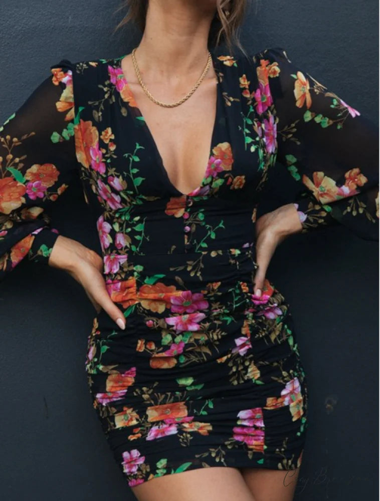 Deep V-neck Long Sleeve High Waist Mini Dress Print Party Dress Vestidos M / BLACK