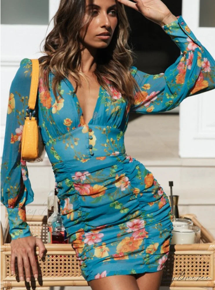 Deep V-neck Long Sleeve High Waist Mini Dress Print Party Dress Vestidos S / BLACK