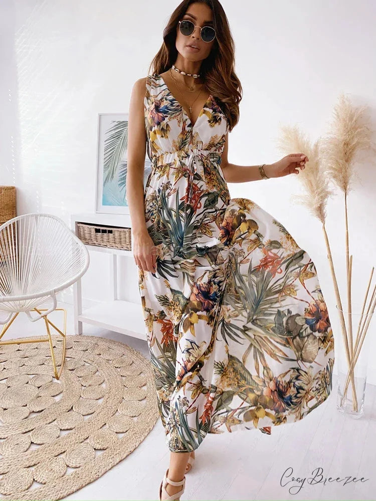 Deep V Neck Print Sleeveless Boho Dress