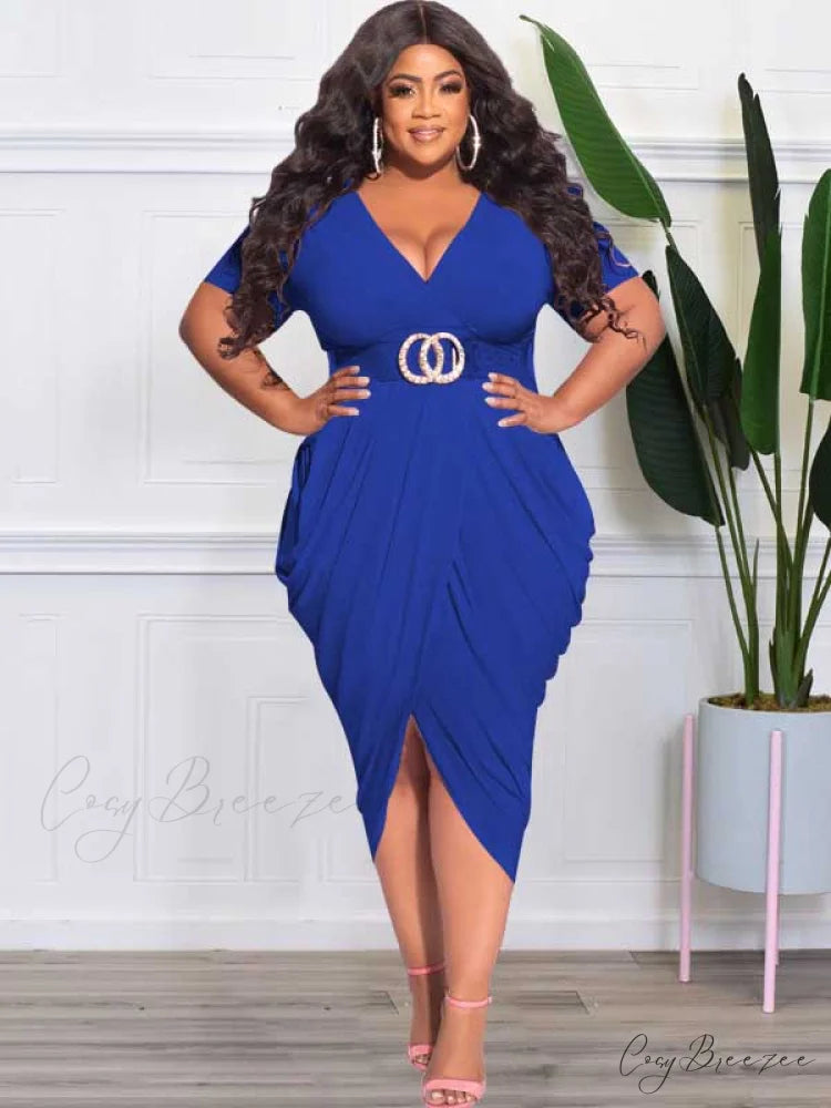 Deep V Neck Ruched Long Classic Sleeve Party Mini Dress - White Blue / XL