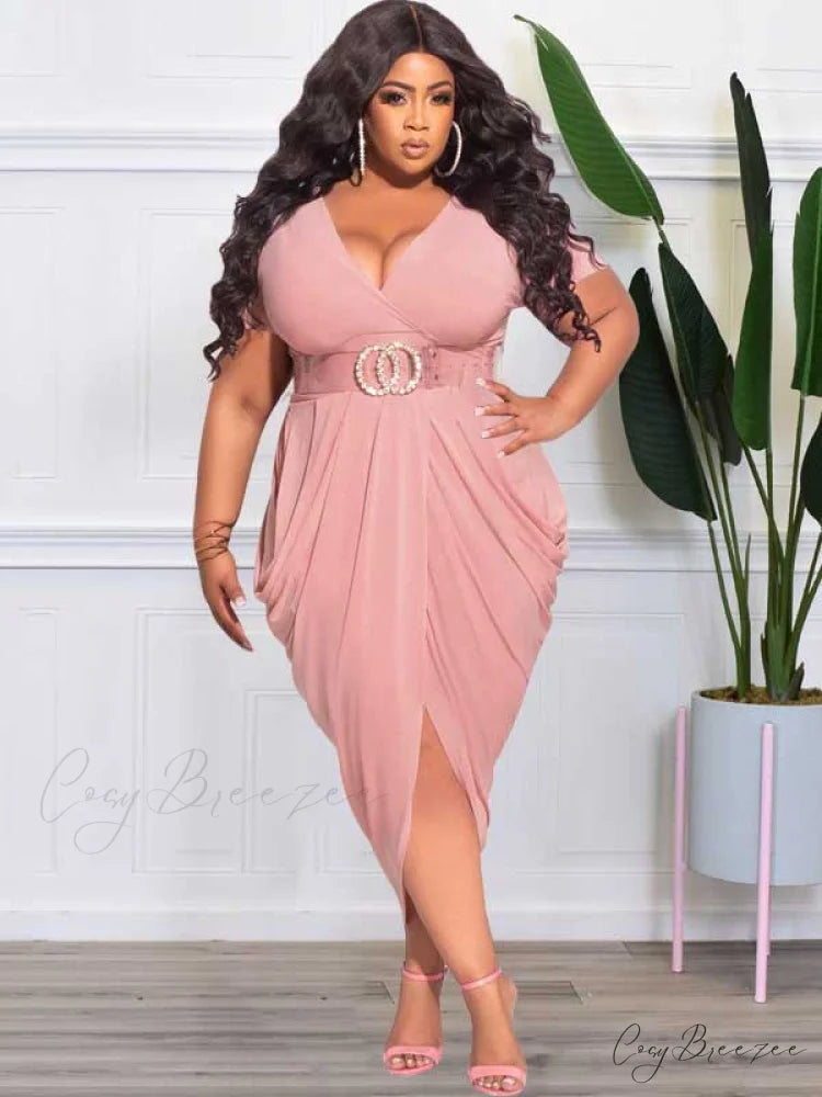Deep V Neck Ruched Long Classic Sleeve Party Mini Dress - White Pink / XL