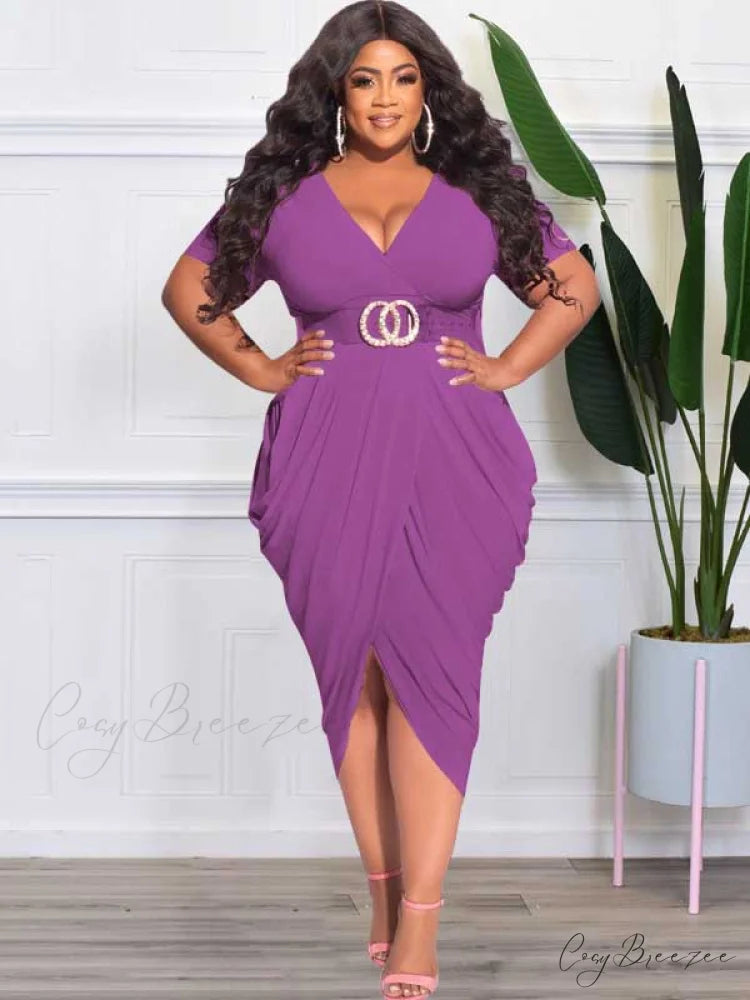 Deep V Neck Ruched Long Classic Sleeve Party Mini Dress - White Purple / XL