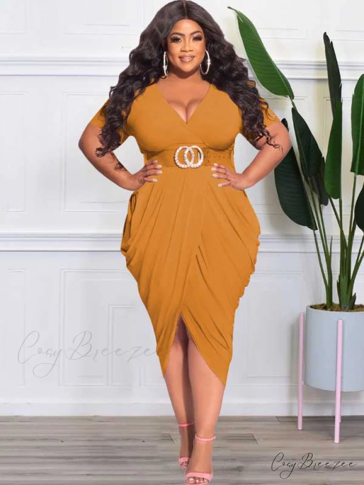Deep V Neck Ruched Long Classic Sleeve Party Mini Dress - White Yellow / XL