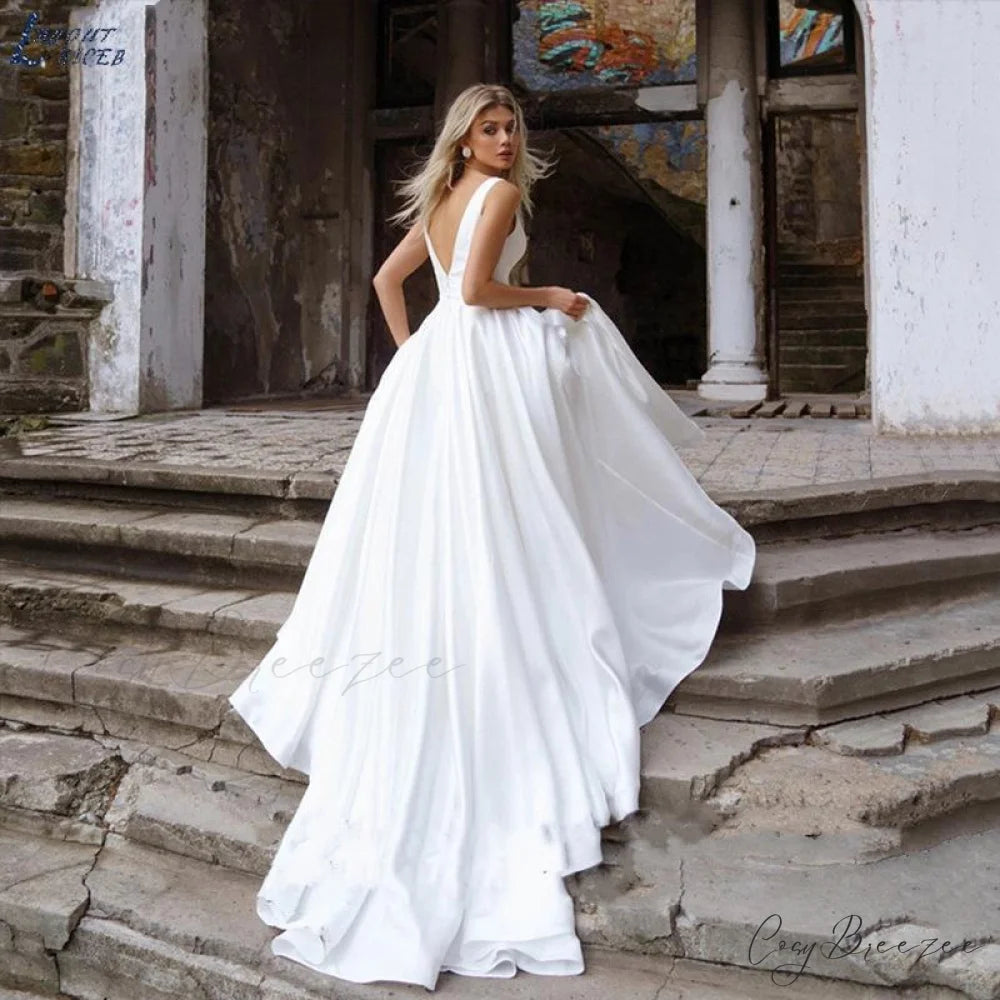 Deep V-Neck Satin Sheer Wedding Dress White / 2 weddingdress-250223