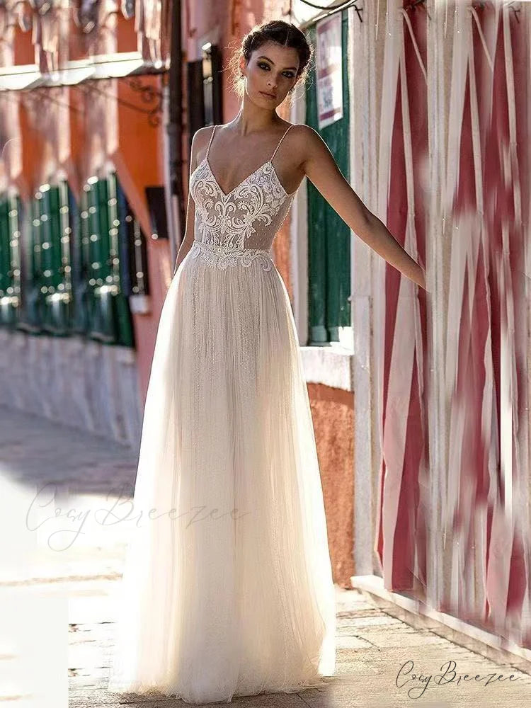 Deep V-Neck Sheer Tulle Wedding Dress lvory white / 2 weddingdress-250223