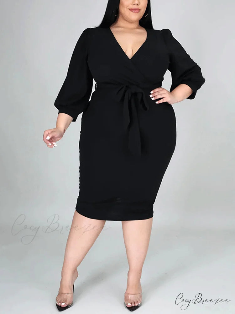 Deep V-neck Slit Trendy Ruched Maxi Dress Black / XL