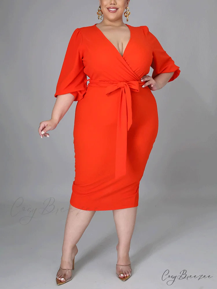 Deep V-neck Slit Trendy Ruched Maxi Dress Orange / XL