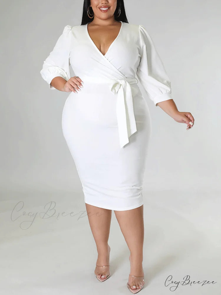 Deep V-neck Slit Trendy Ruched Maxi Dress White / XL