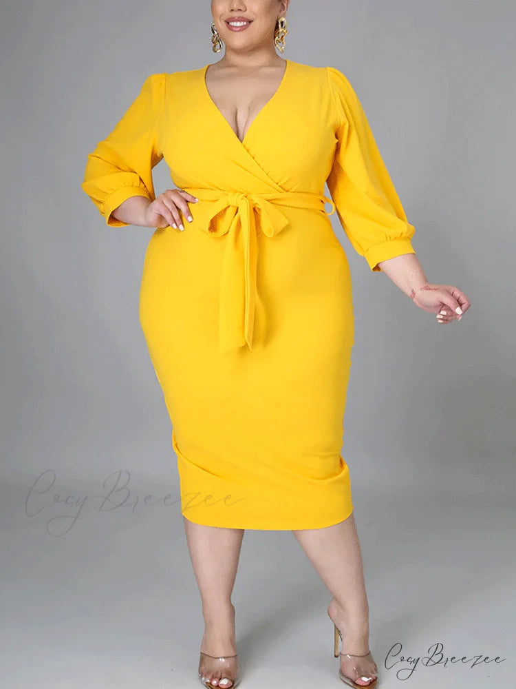 Deep V-neck Slit Trendy Ruched Maxi Dress Yellow / XL