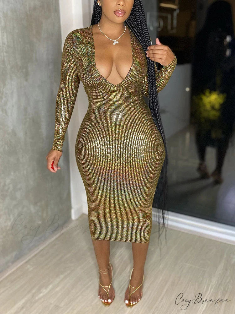 Deep V Neck Trendy Lace Up Mini Dress Gold / M